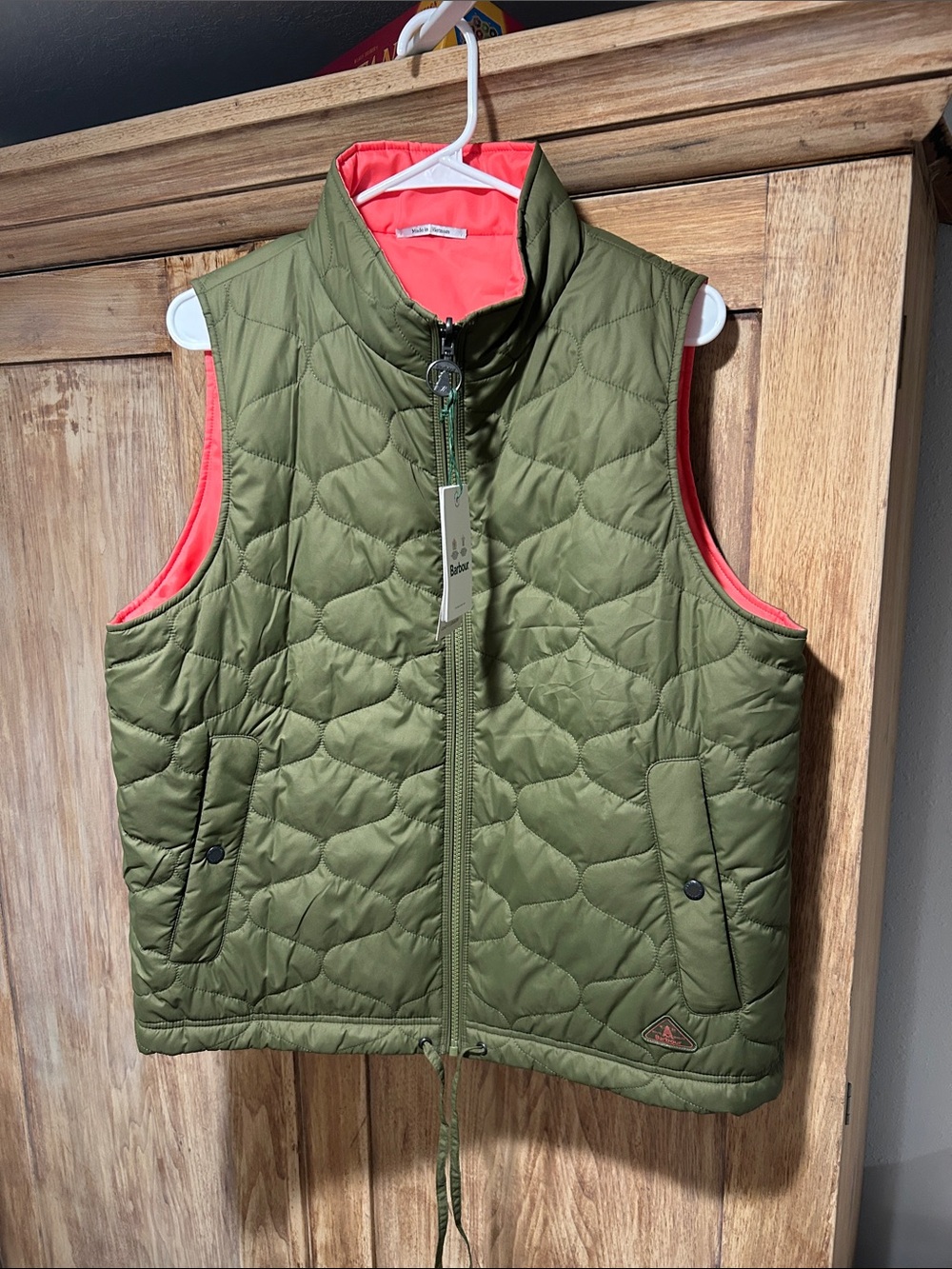 Barbour Olive Quilted Women’s Vest with Coral Trim